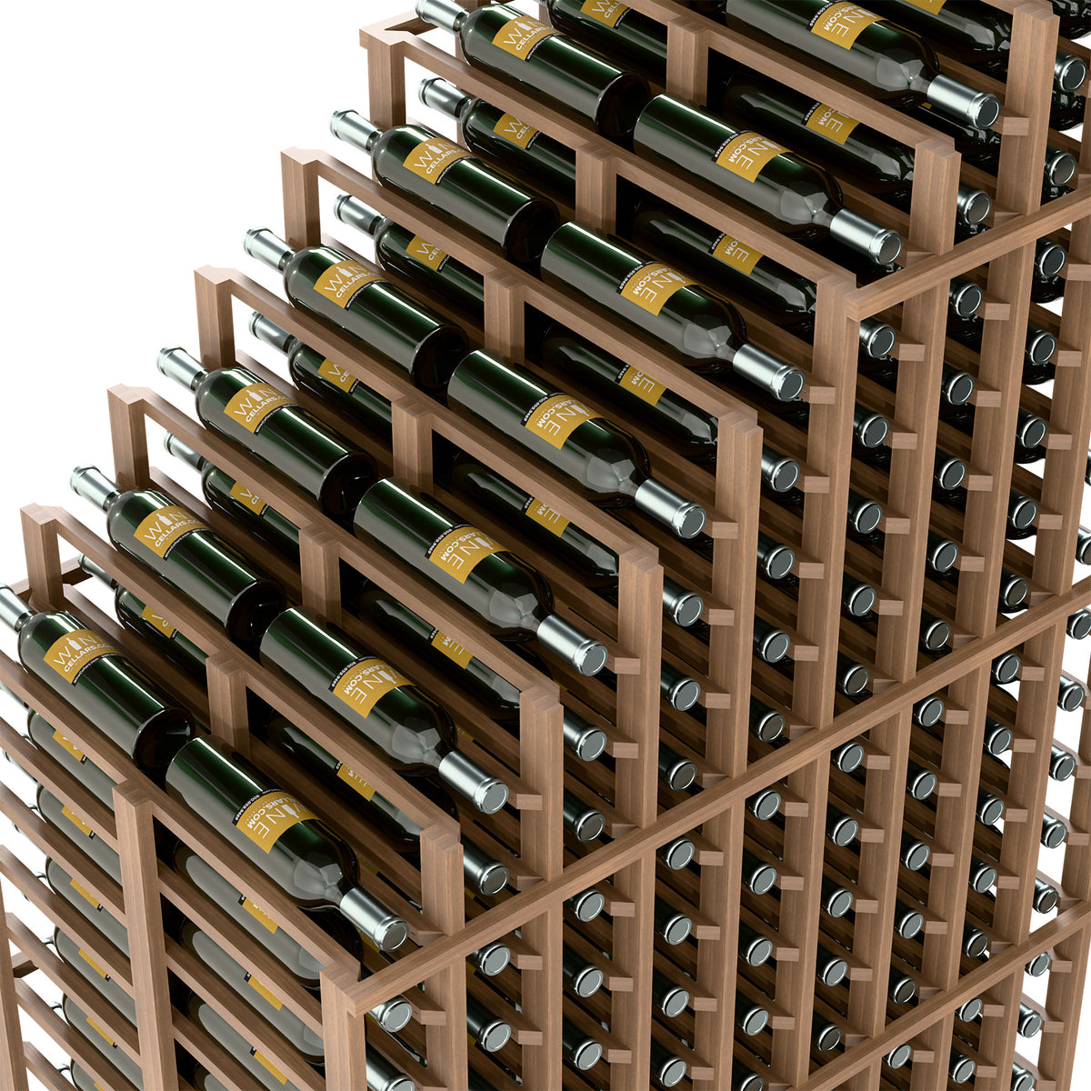 Light wood cascading double wine rack close-up with bottle neck supports and side bottle holes