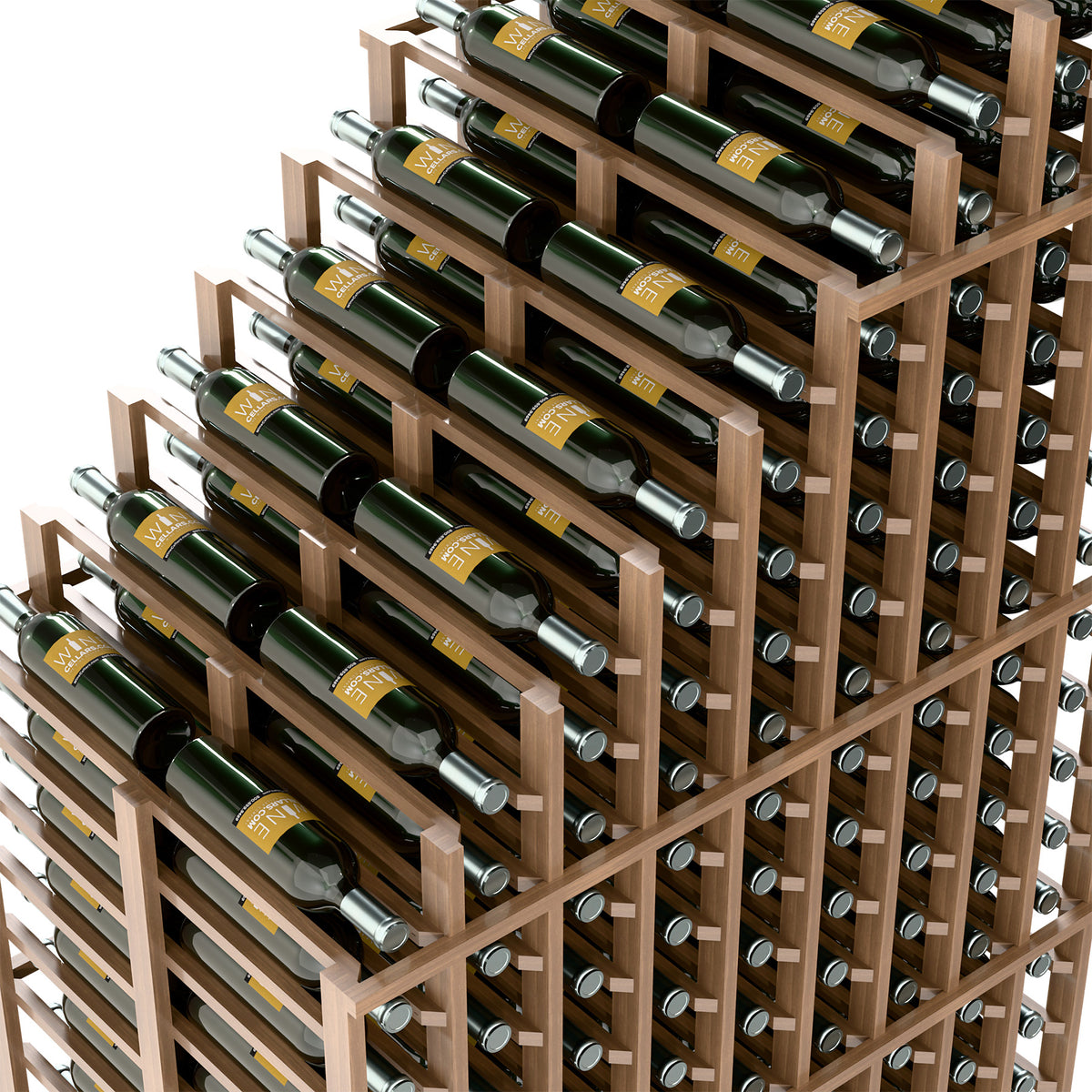 Light wood double wine rack angled view with multiple bottle rows and metal bottle holders