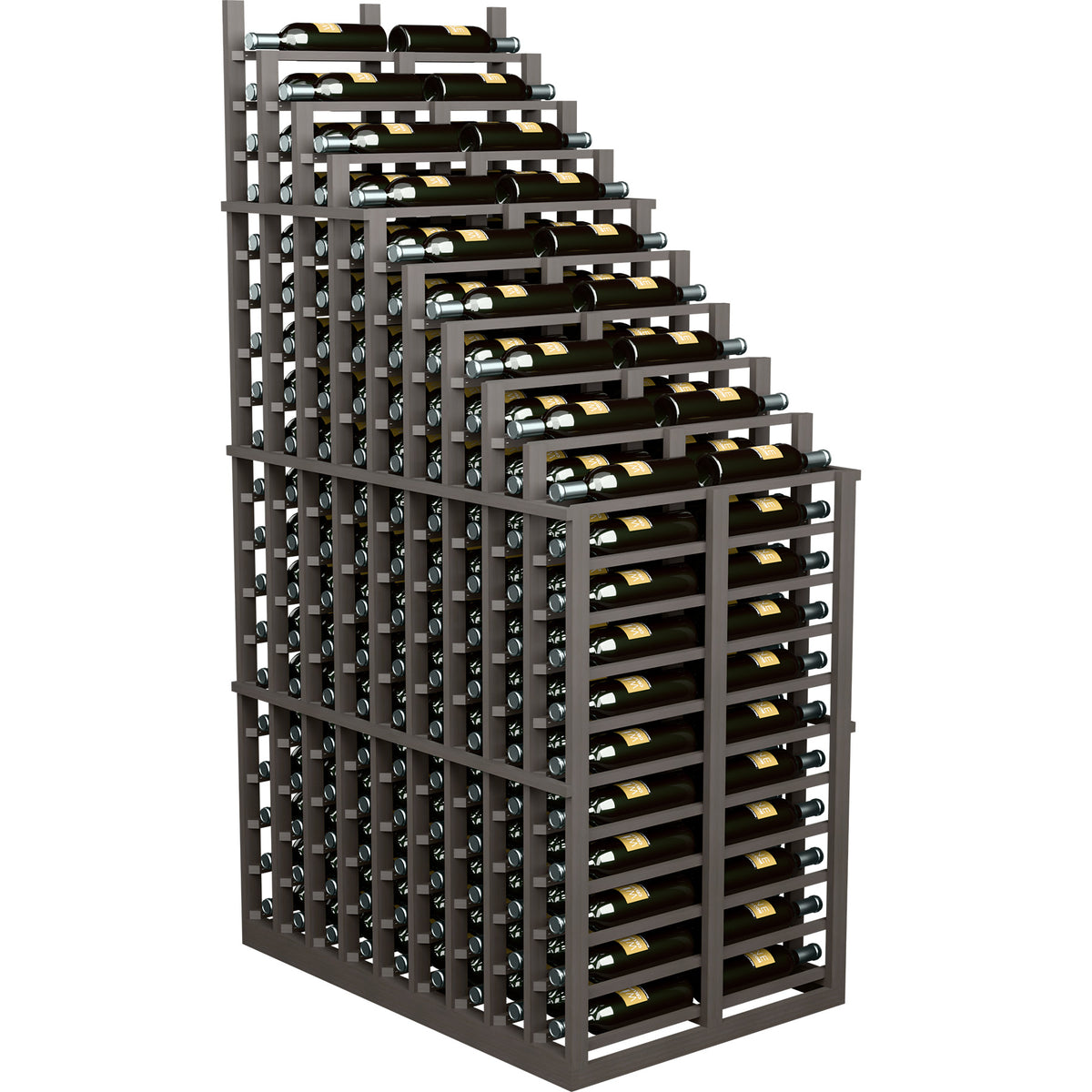 Dark wood cascading double wine bottle rack with front bottle storage rows and metal rests