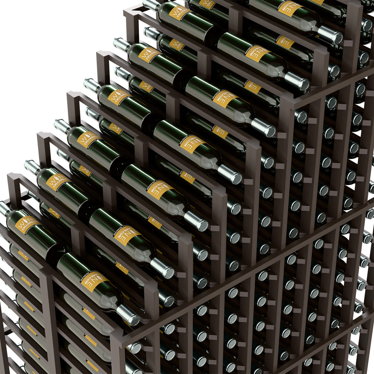 Dark wood double wine rack detail showing bottle slots and round metal holders