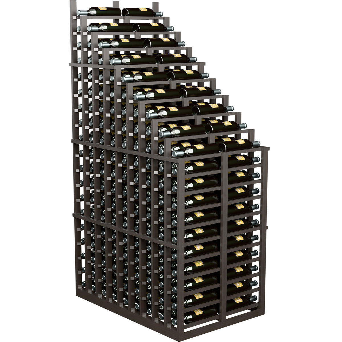 Dark wood cascading double wine bottle rack with stacked tiers and crisscross front supports