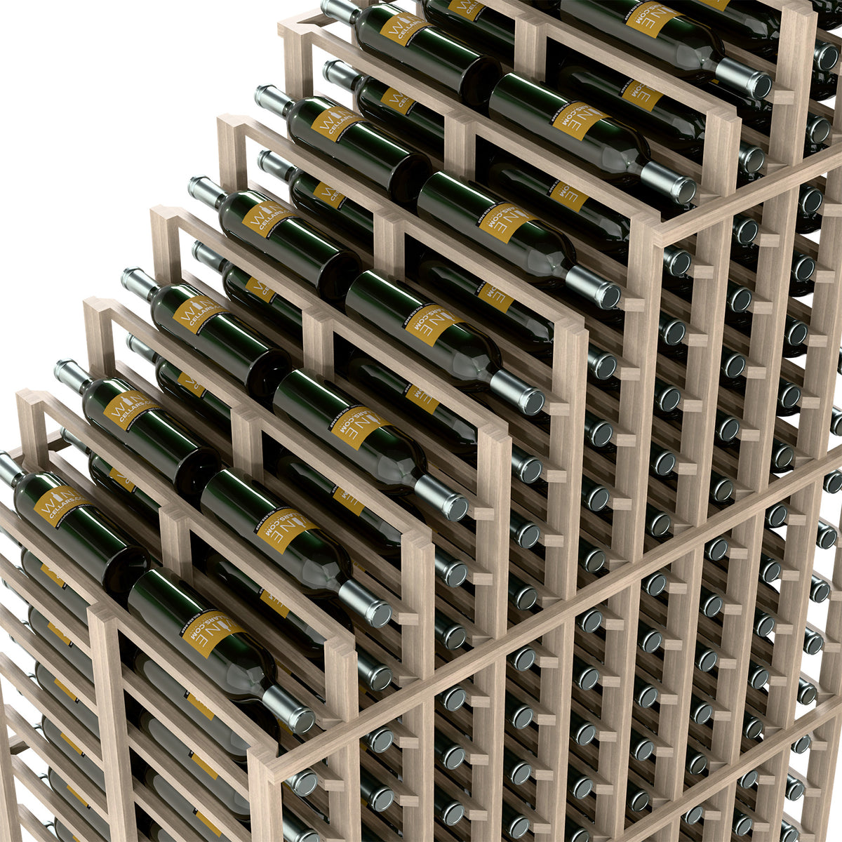 Cascading double deep wine rack close-up with light wood dividers and wine bottle rows