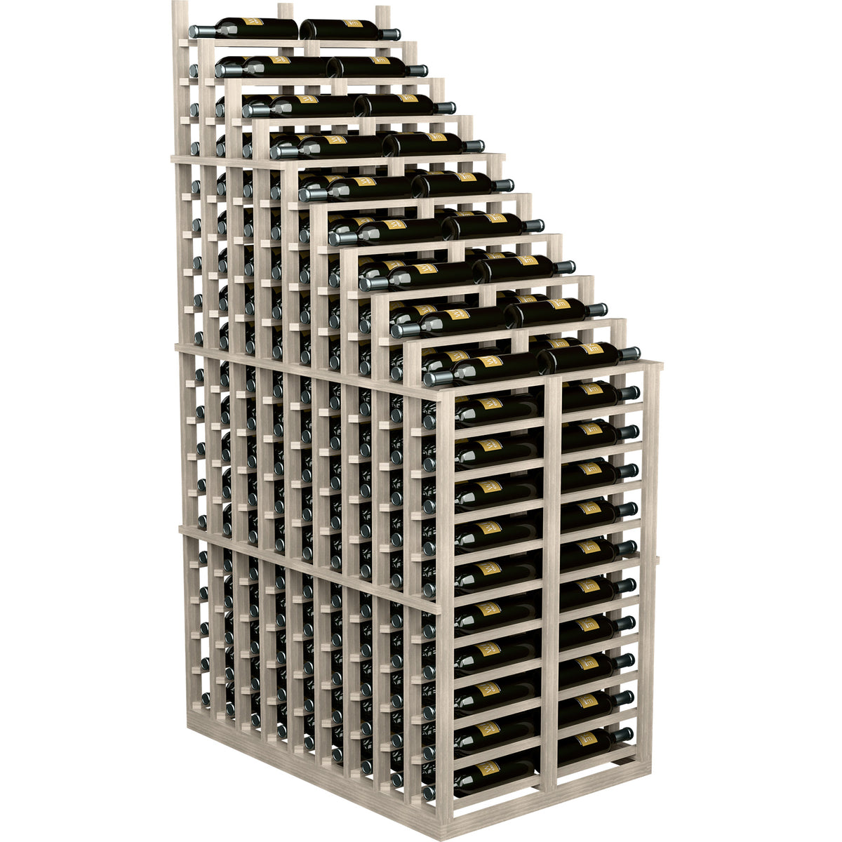 Double deep wine rack display with light wood frame and cascading bottle holders