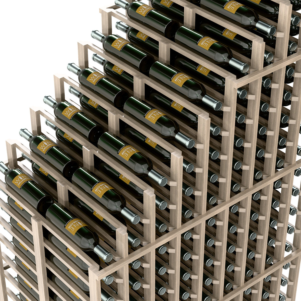 Cascading wine rack close-up showing light wood tiers and bottle neck support rods