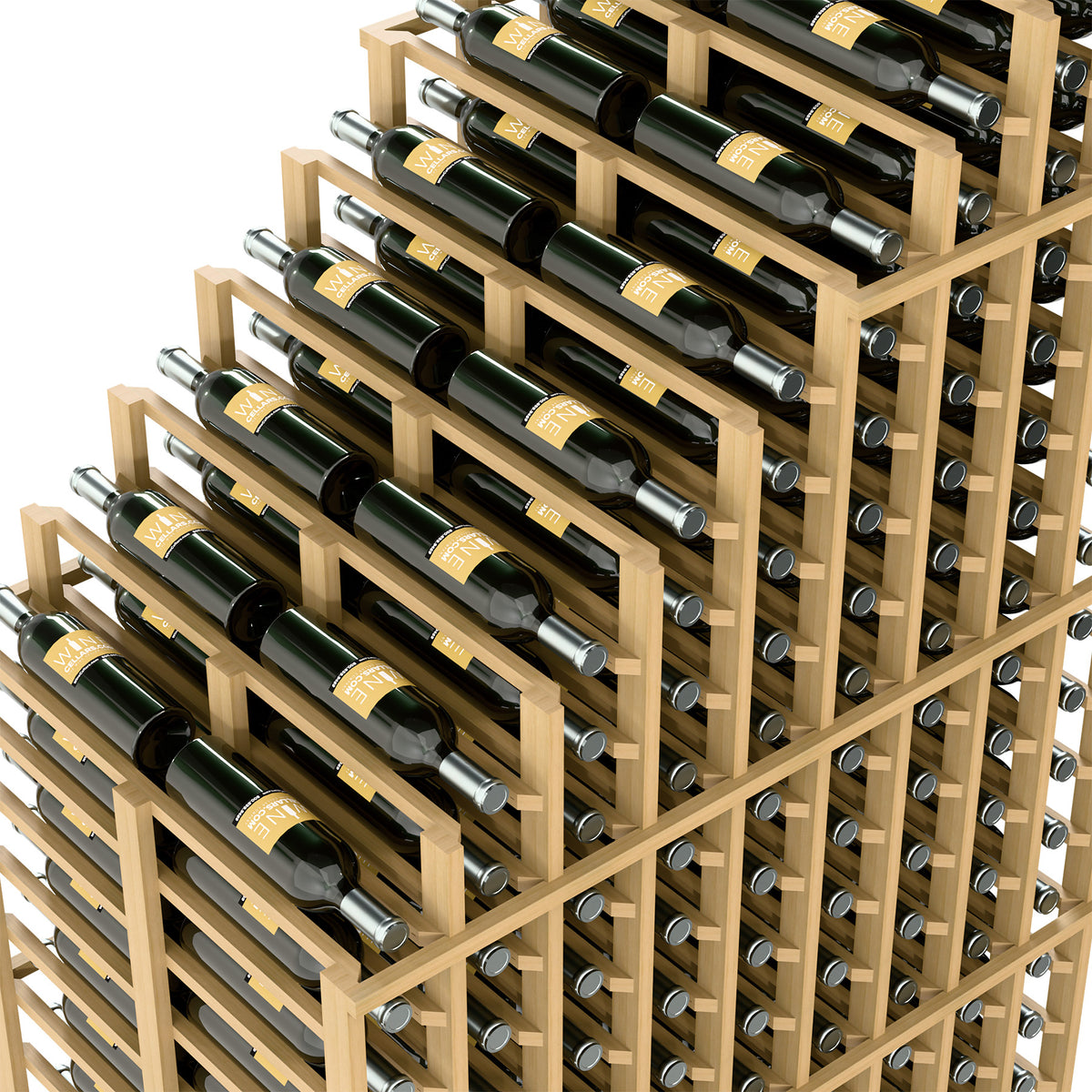 Cascading double deep wine rack close-up with light wood shelves and bottle rows