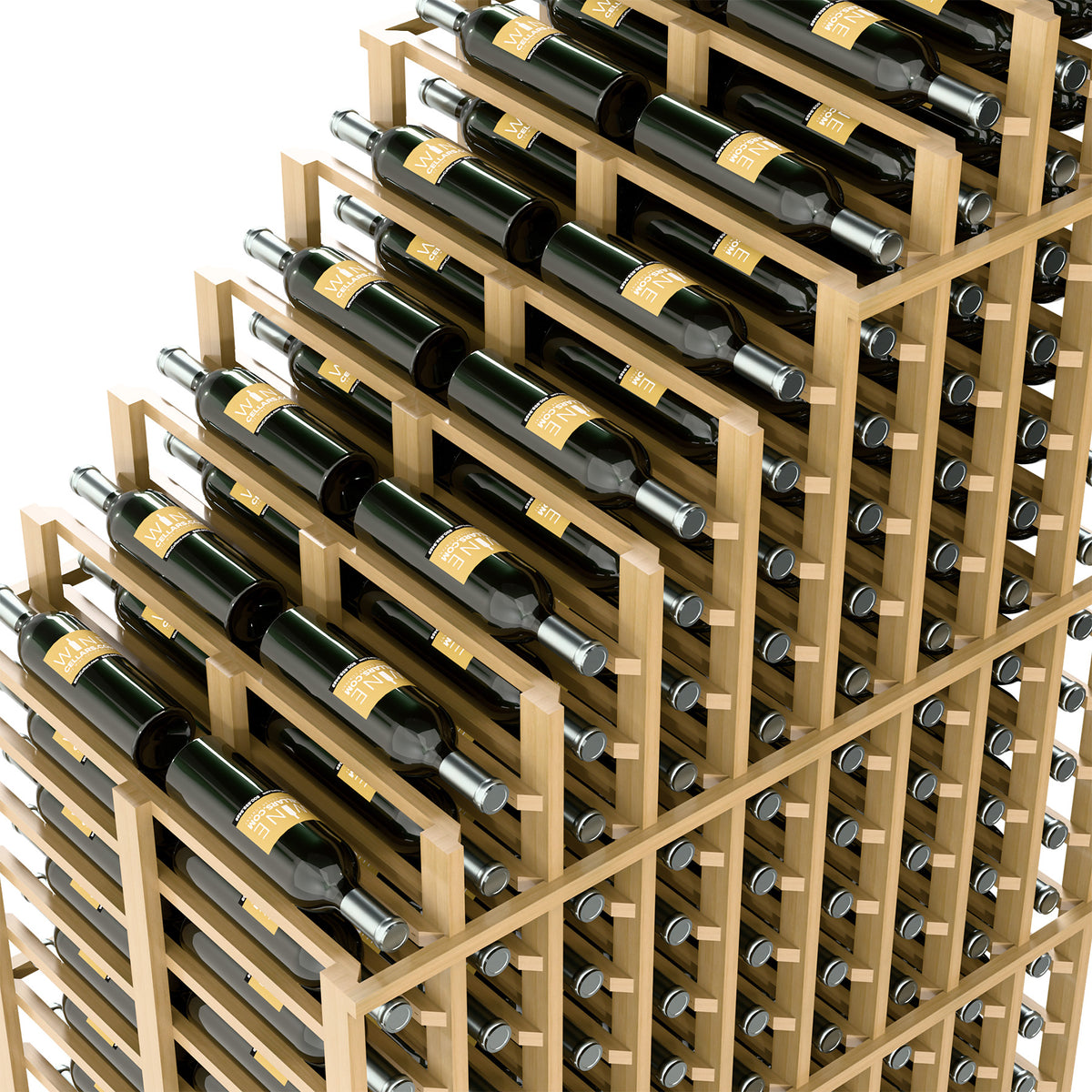 Cascading wine rack close-up with light wood dividers and bottle holders on rods