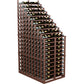 Double-deep wine rack with cascading slots, dark brown wood frame, metal bottle supports