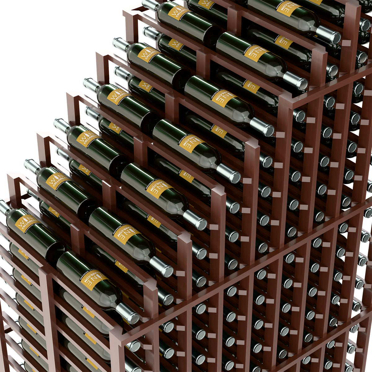 Double-deep wine rack close-up with cascading rows of bottles in dark brown wood slots