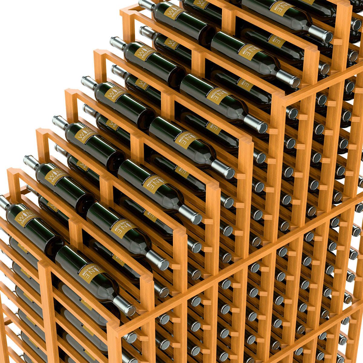 Double-deep wine rack close-up showing cascading bottle rows in light wood frame