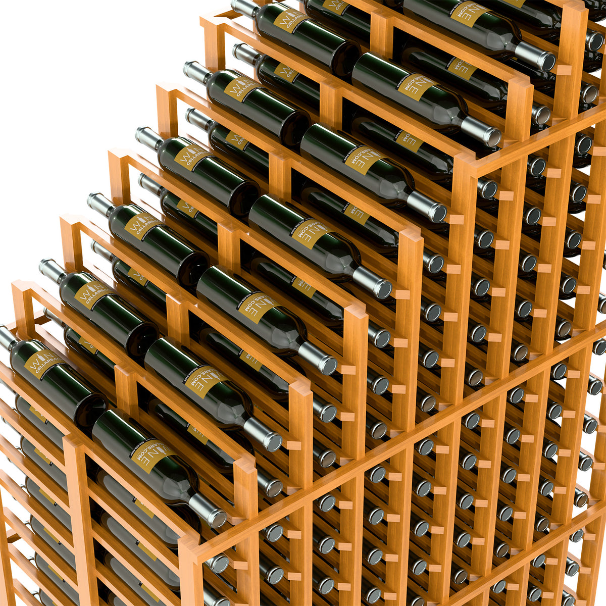 Double-deep wine rack close-up with cascading rows of wine bottles in light wood frame