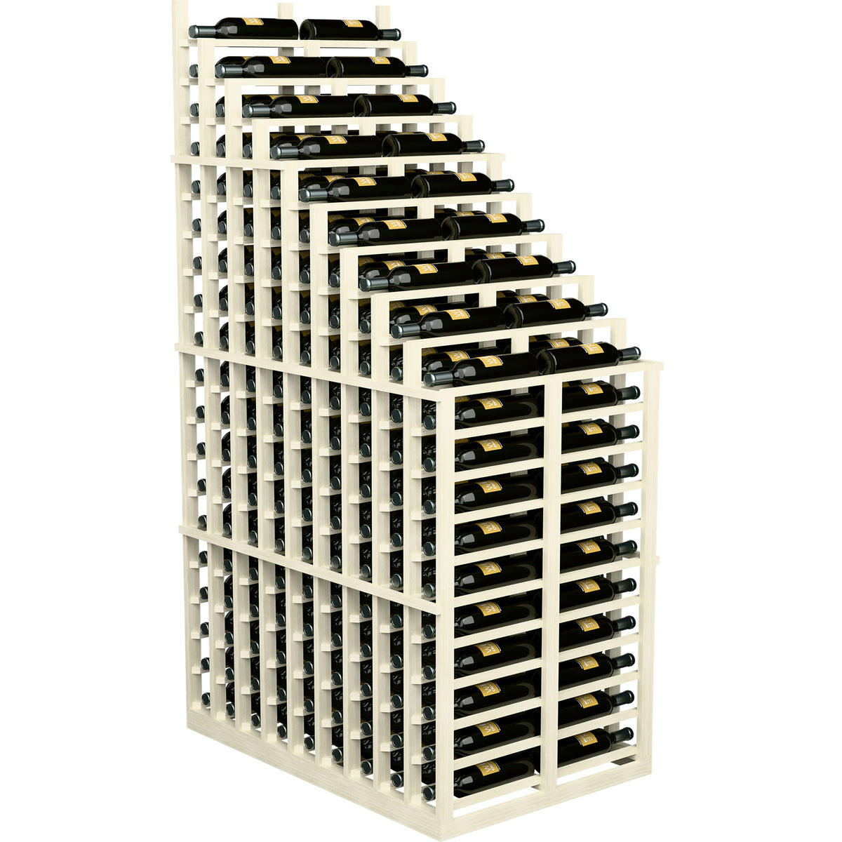 Double-deep wine rack with cascading bottle slots, white wood frame and metal bottle supports