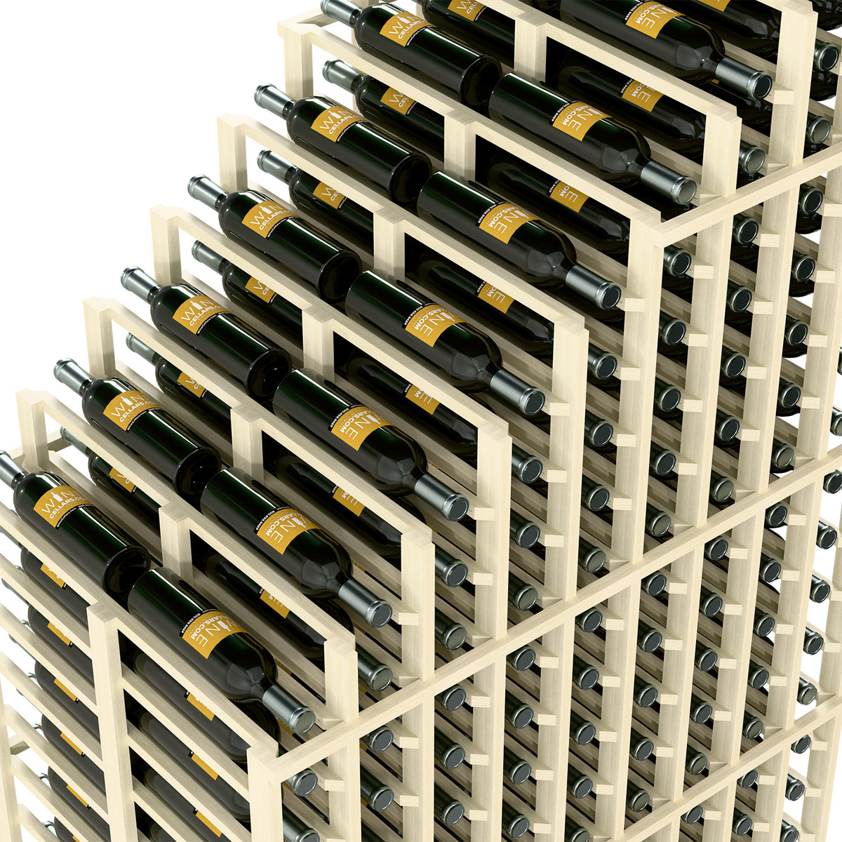 Double-deep wine rack close-up with cascading bottle rows in white wood frame