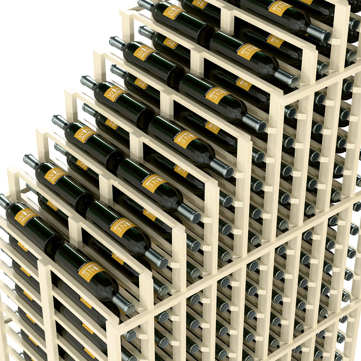 Double-deep wine rack close-up showing cascading bottle rows in white wood frame