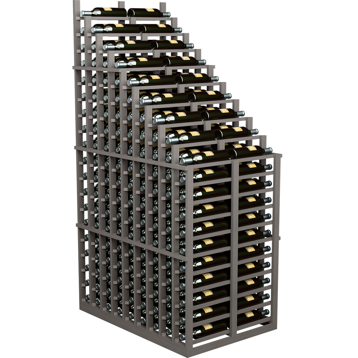 Dark grey double deep wine rack with crisscross bottle slots and metal supports