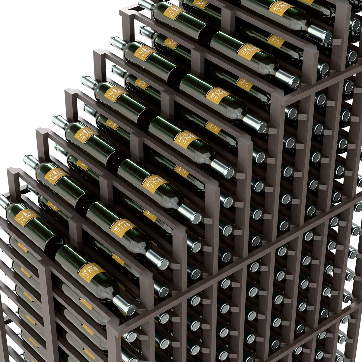 Angle view of dark grey double deep wine rack holding wine bottles in rows