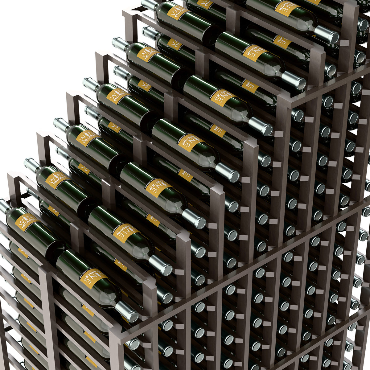 Close view of dark grey double deep wine rack with bottle neck rests and rails