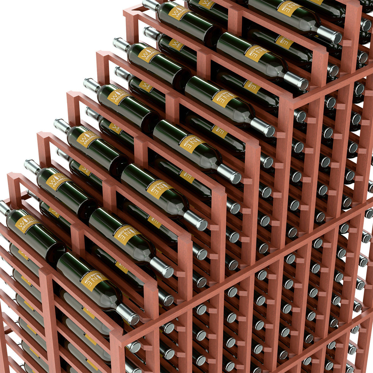Angled close-up of red wood double deep wine rack with wine bottles in front rows