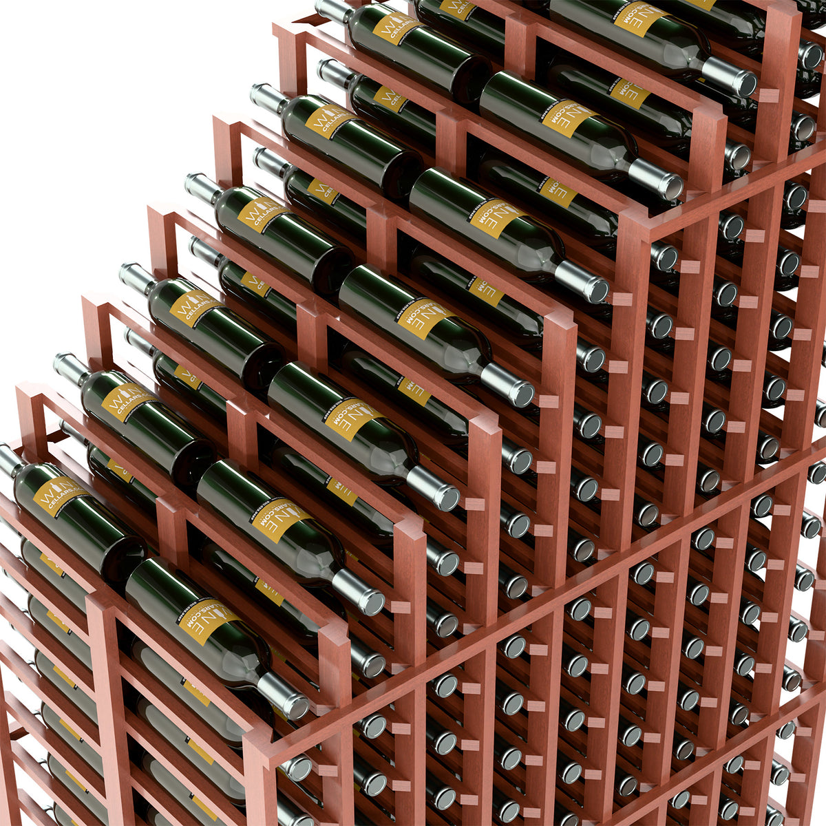 Close view of red wood double deep wine rack with cylindrical bottle holders