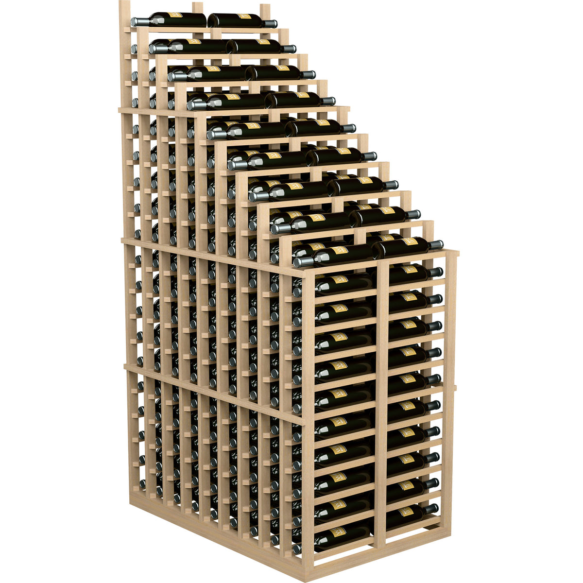Light wood double deep wine rack with crisscross bottle slots and metal supports