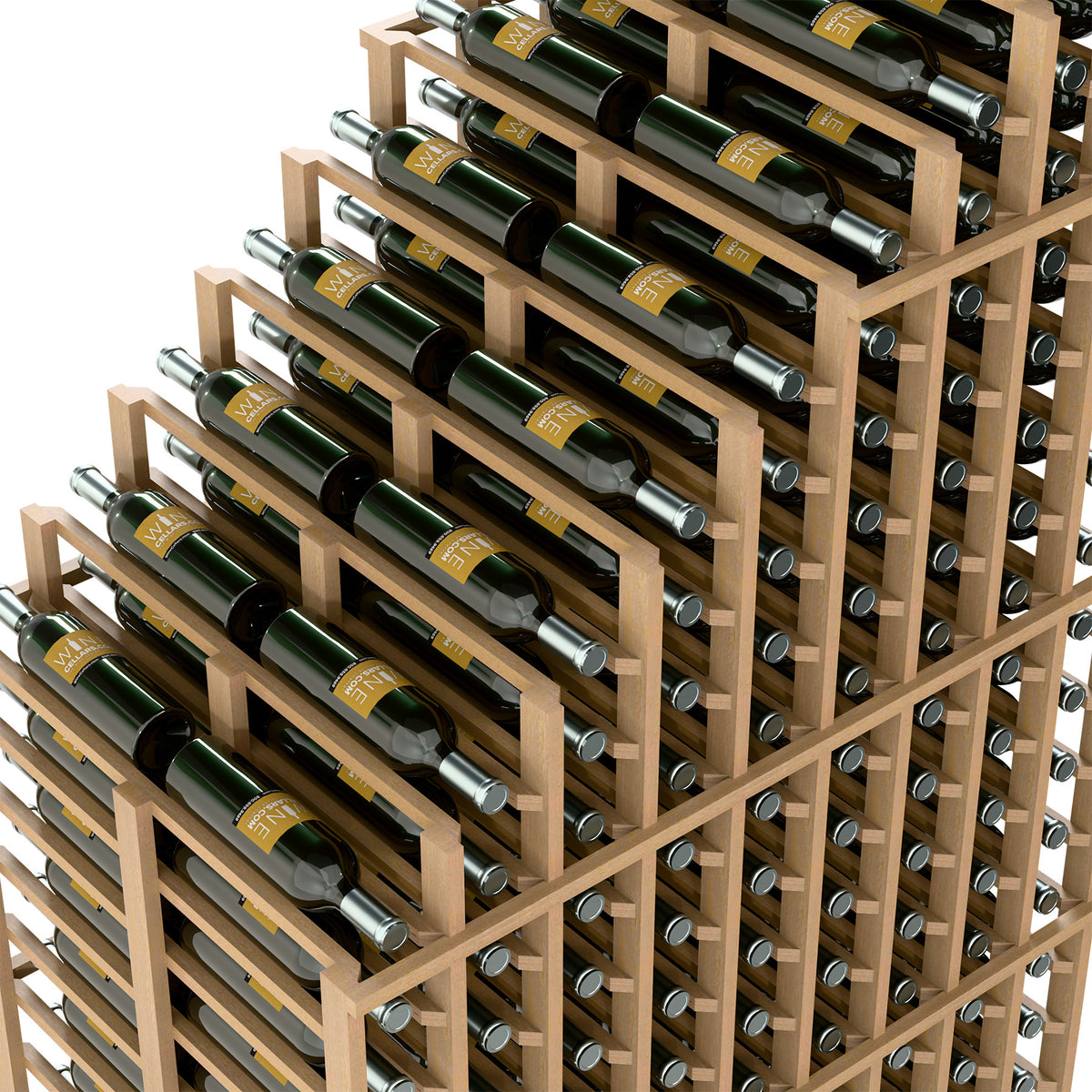Angle view of light wood double deep wine rack holding wine bottles in rows