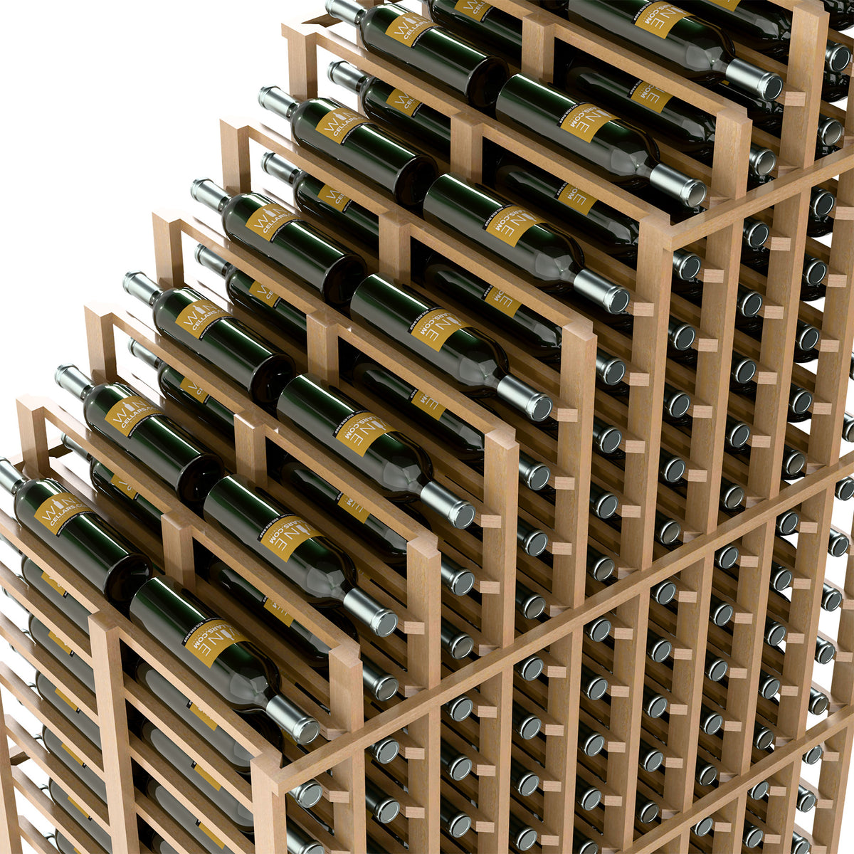 Cascading double deep wine rack detail with light wood frame and bottle slots