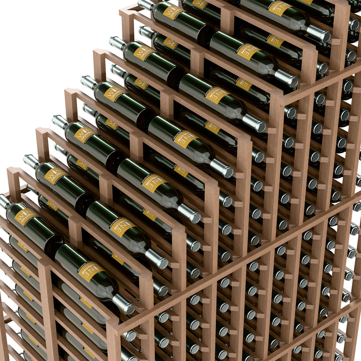 Cascading double deep wine rack close-up with light wood frame and angled bottle holders