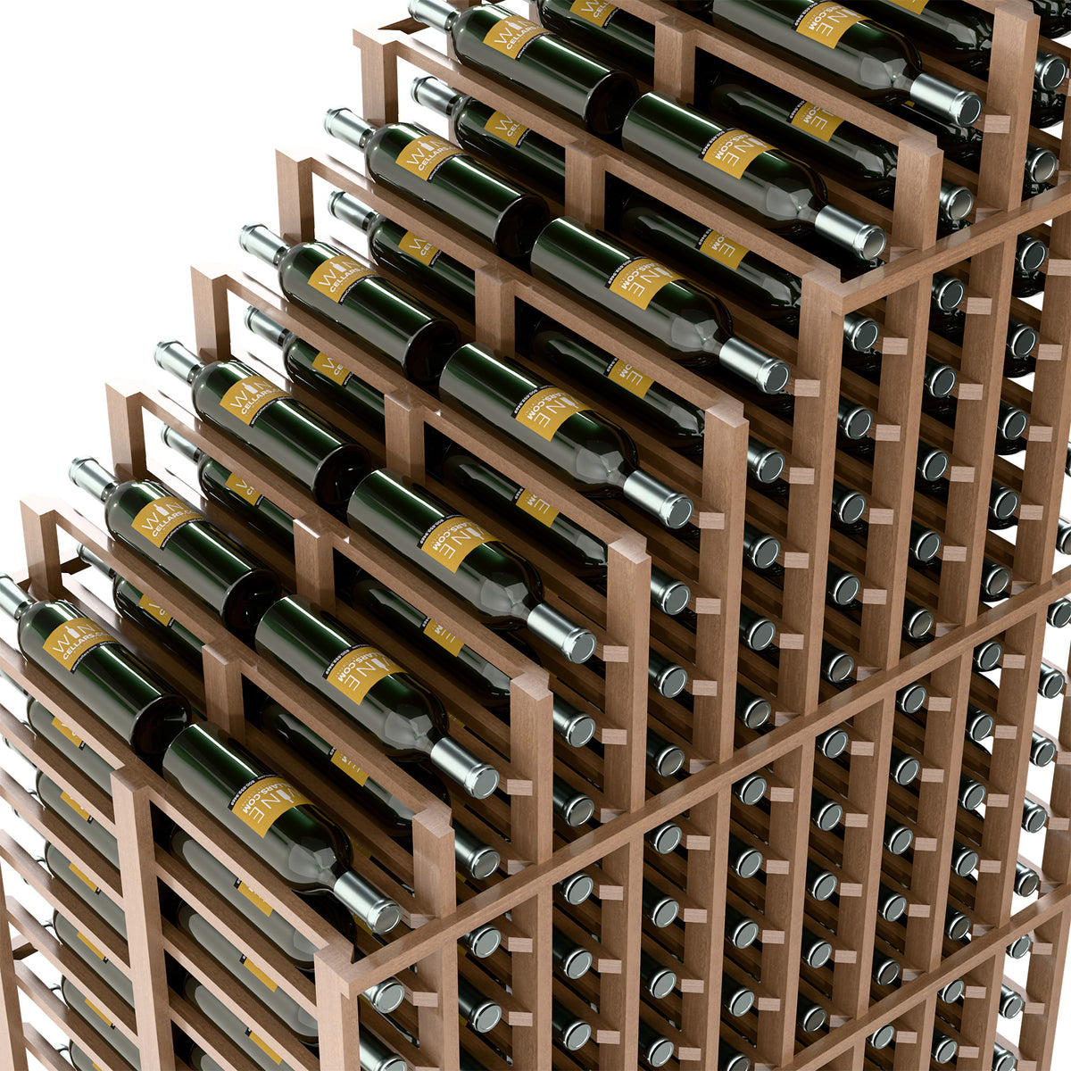 Cascading double deep wine rack angled view with light wood frame and bottle neck rests