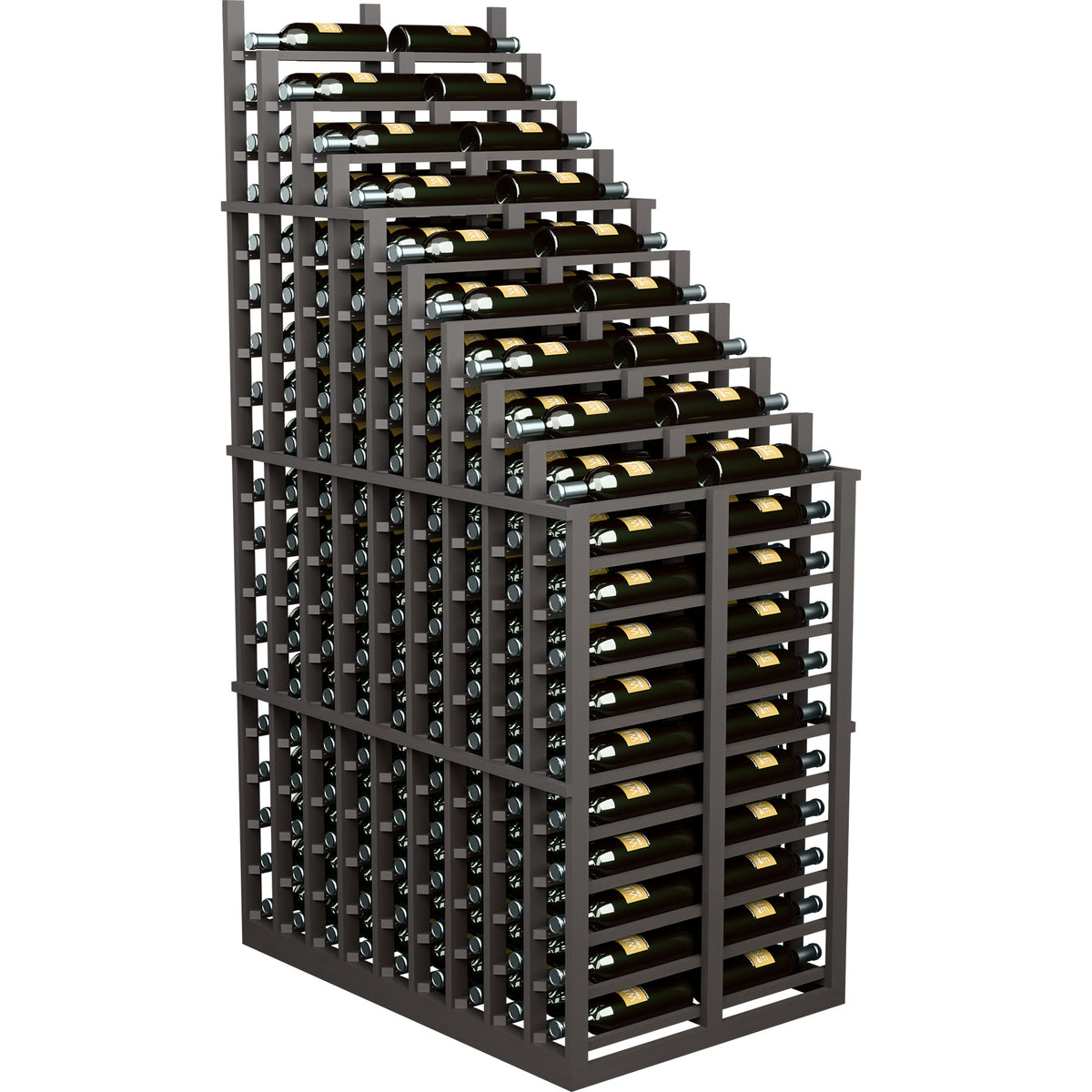 Cascading double deep wine rack with dark wood frame and wine bottle rows