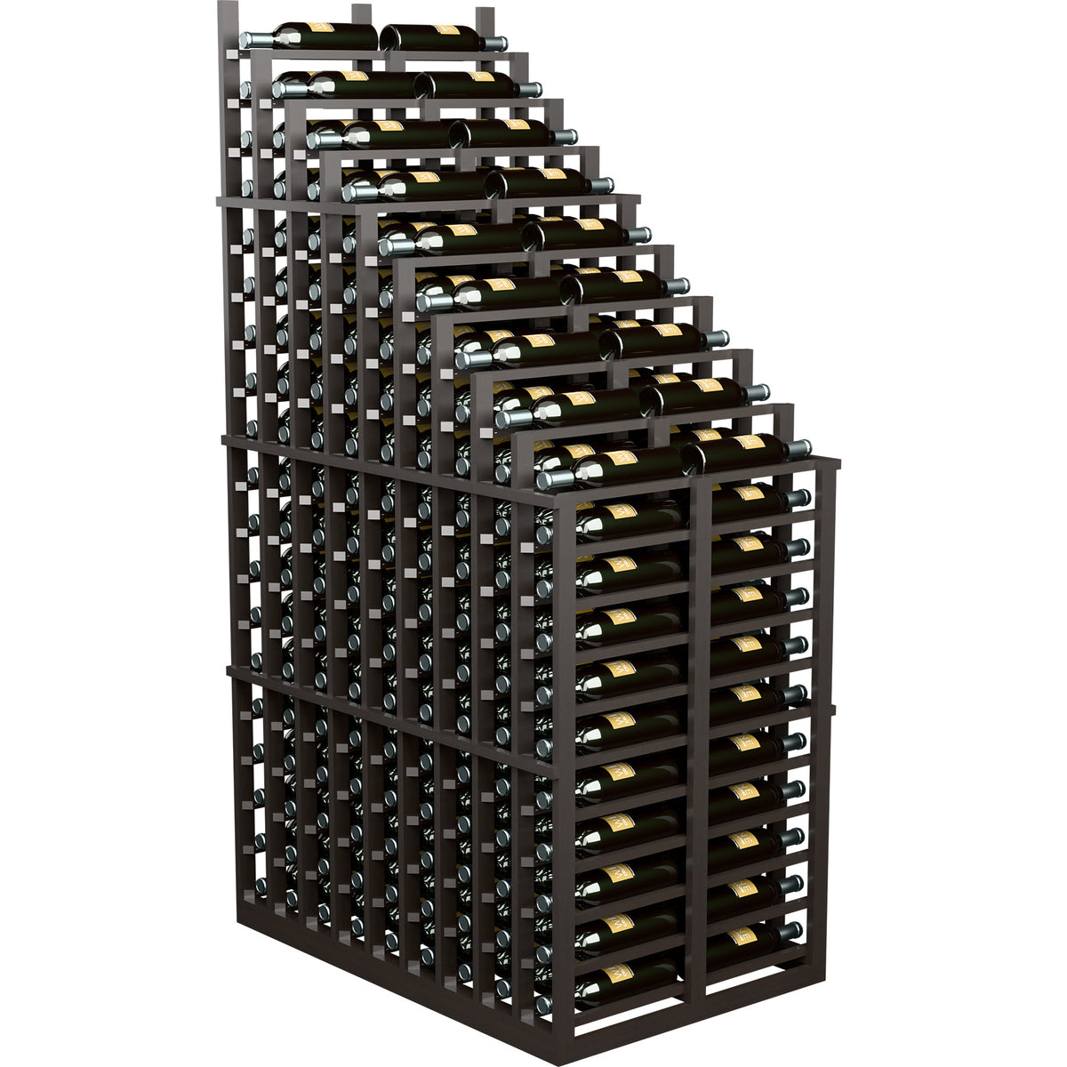 Cascading double deep wine rack with dark wood finish and multiple bottle compartments