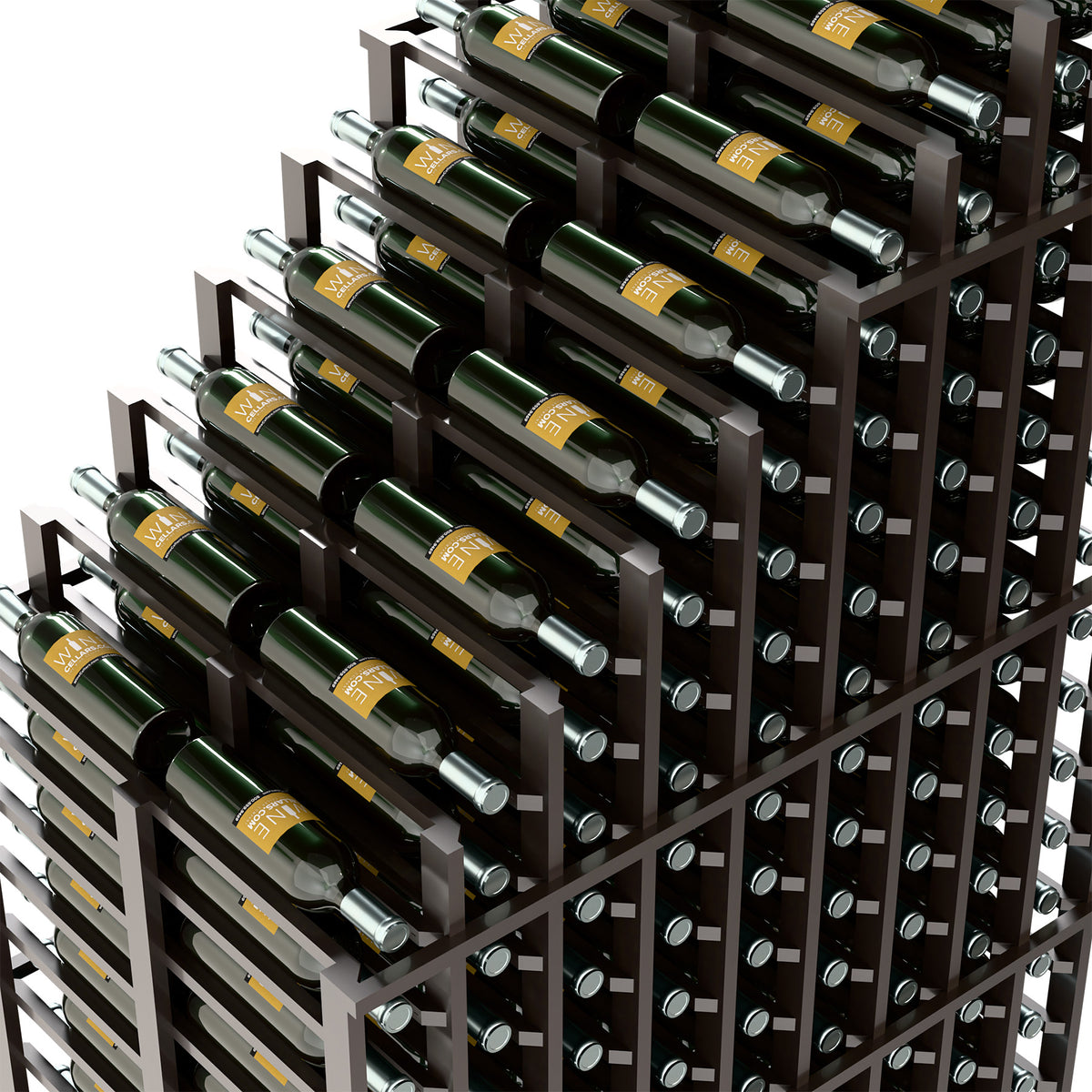 Cascading double deep wine rack close-up with dark wood frame and bottle display rows