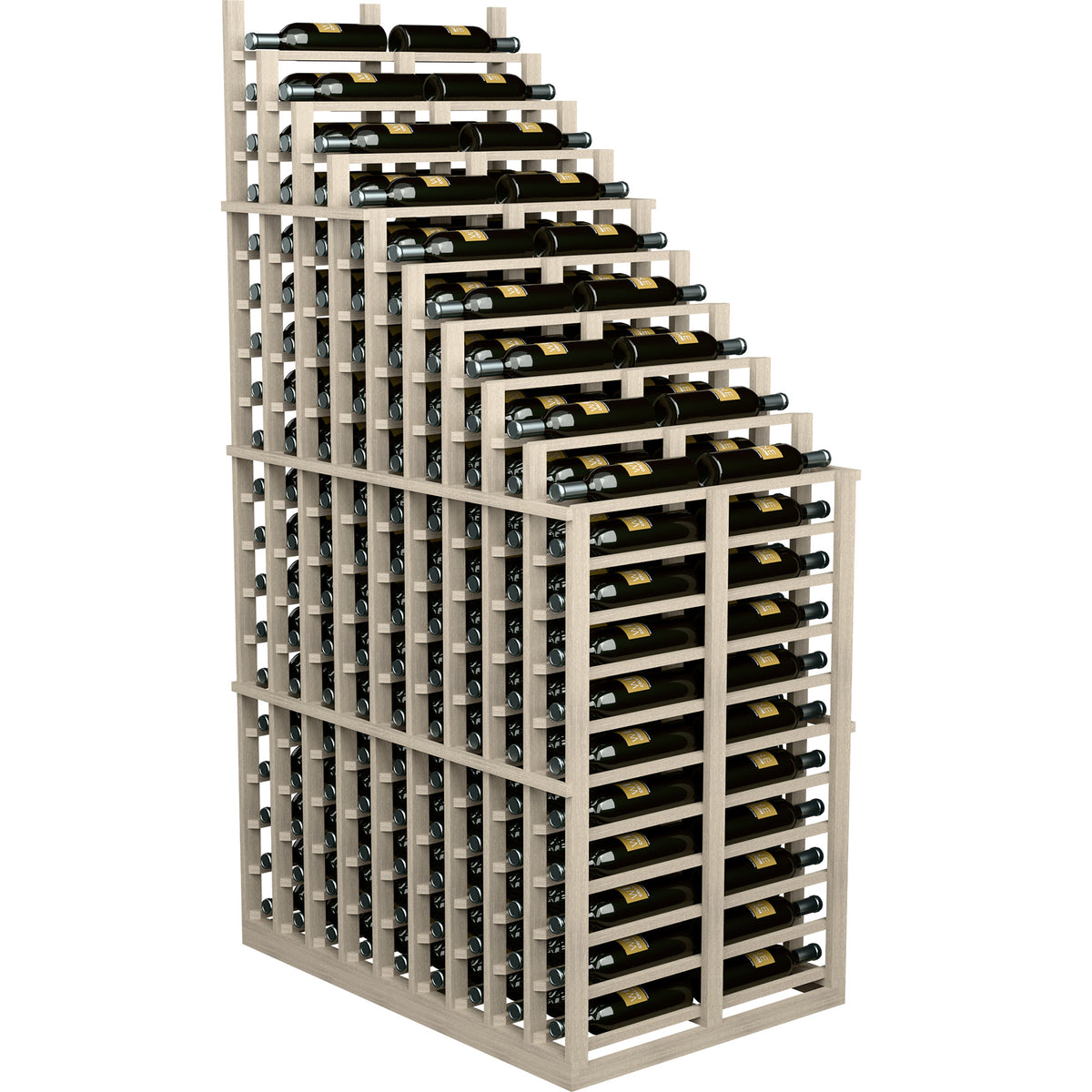 Freestanding double-deep wine rack with slatted holders and 6 rows, light grey wood.