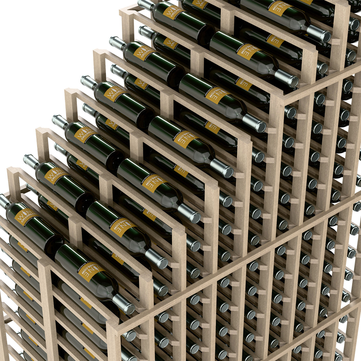 Double-deep wine rack detail view with bottle neck rests and circular holder holes.