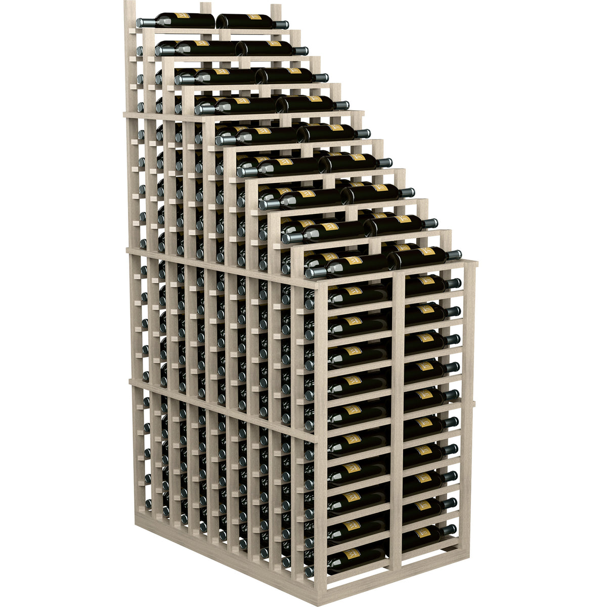 Freestanding double-deep wine rack with front and side bottle slots, light grey wood.