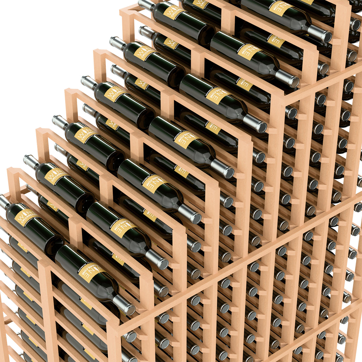 Double-deep wine rack detail with bottle rows, silver caps, and circular holder holes.