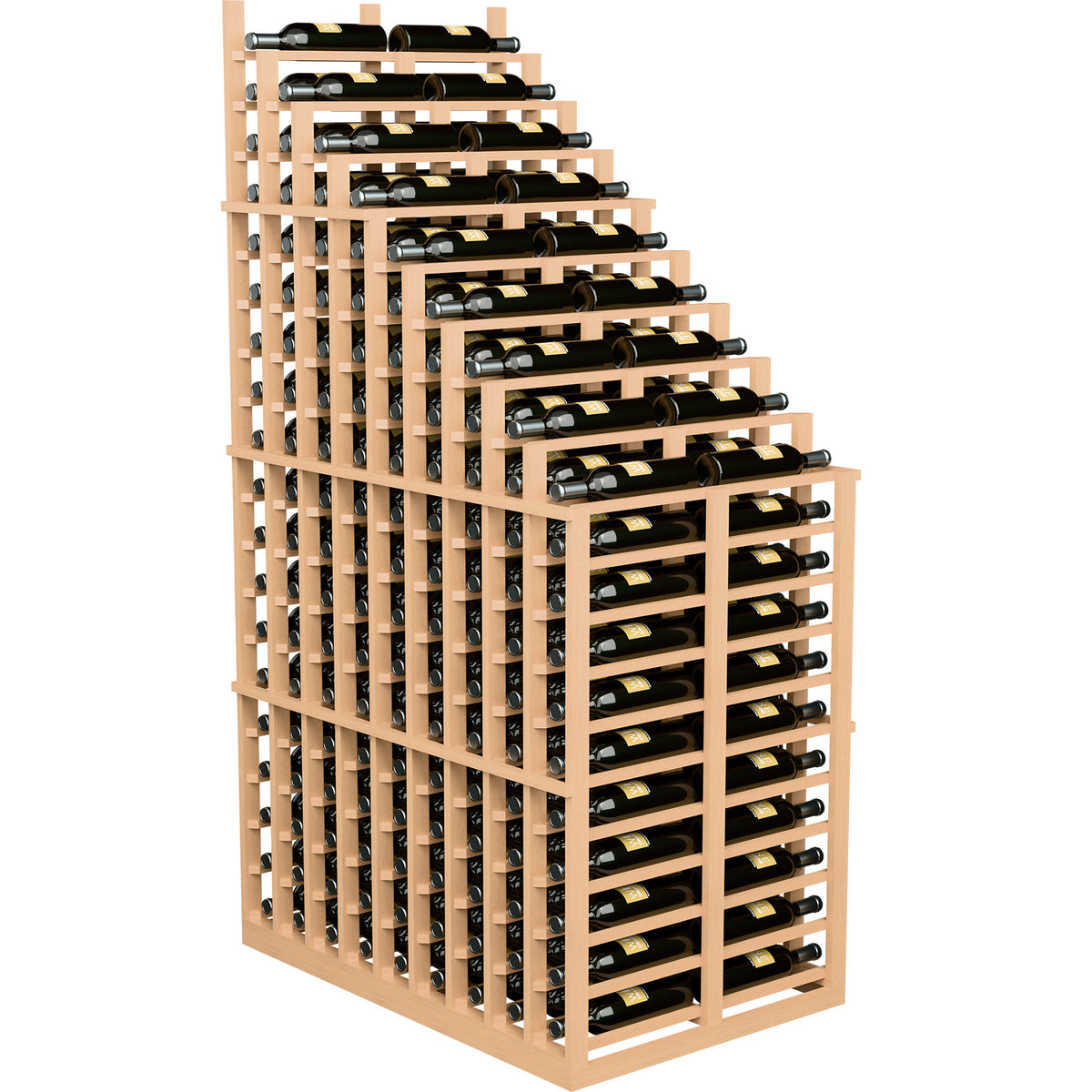 Freestanding double-deep wine rack with front bottle shelves and side rows, light wood frame.