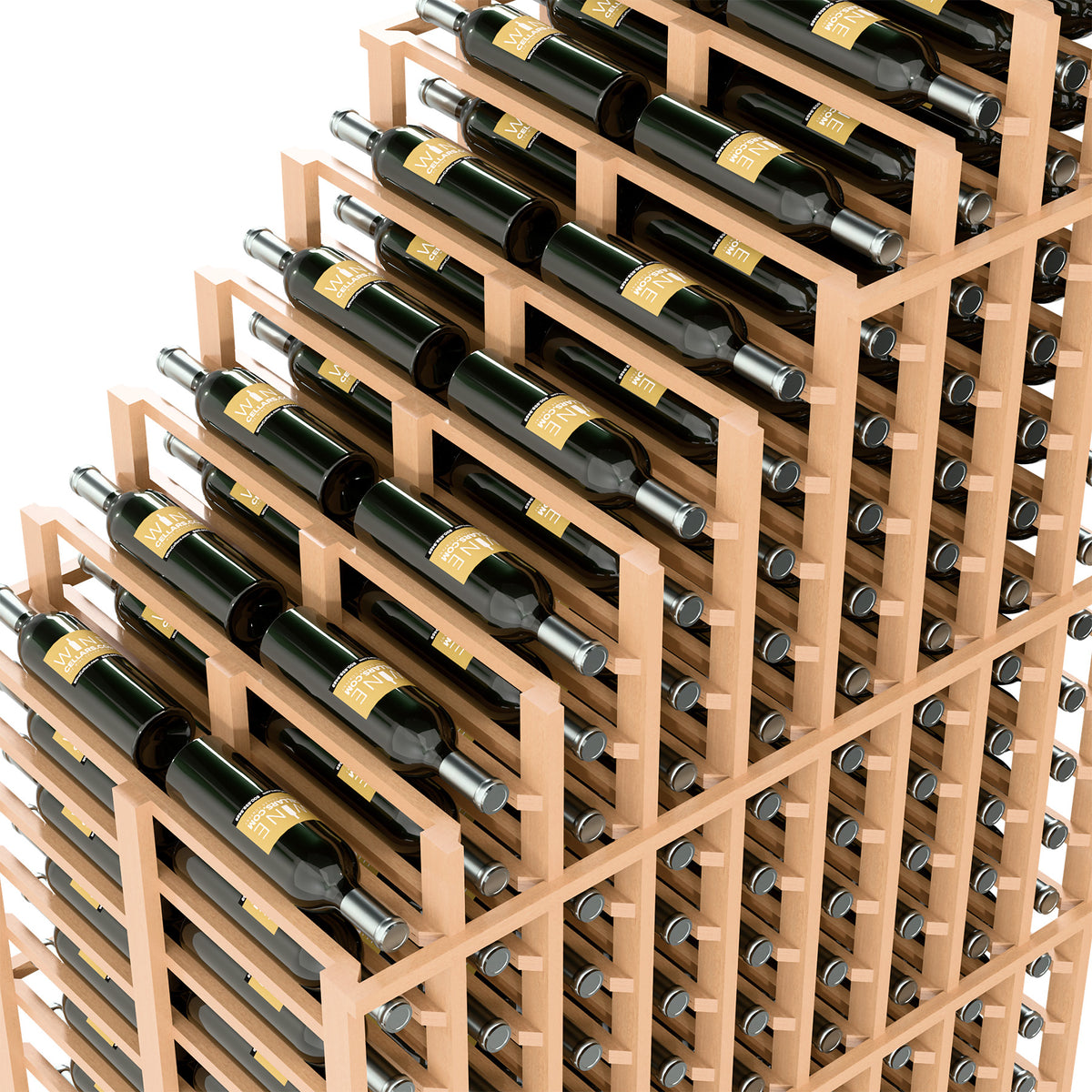 Double-deep wine rack close-up showing multiple bottle rows and grid holder rails.