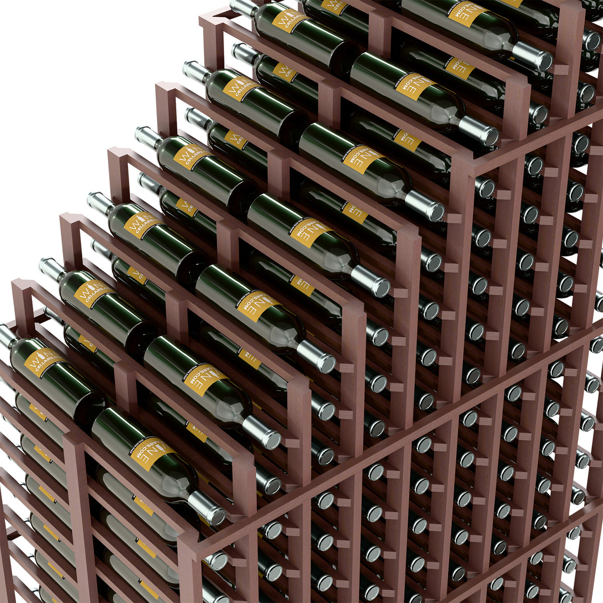Double-deep wine rack close-up with staggered bottle slots and circular holder holes.