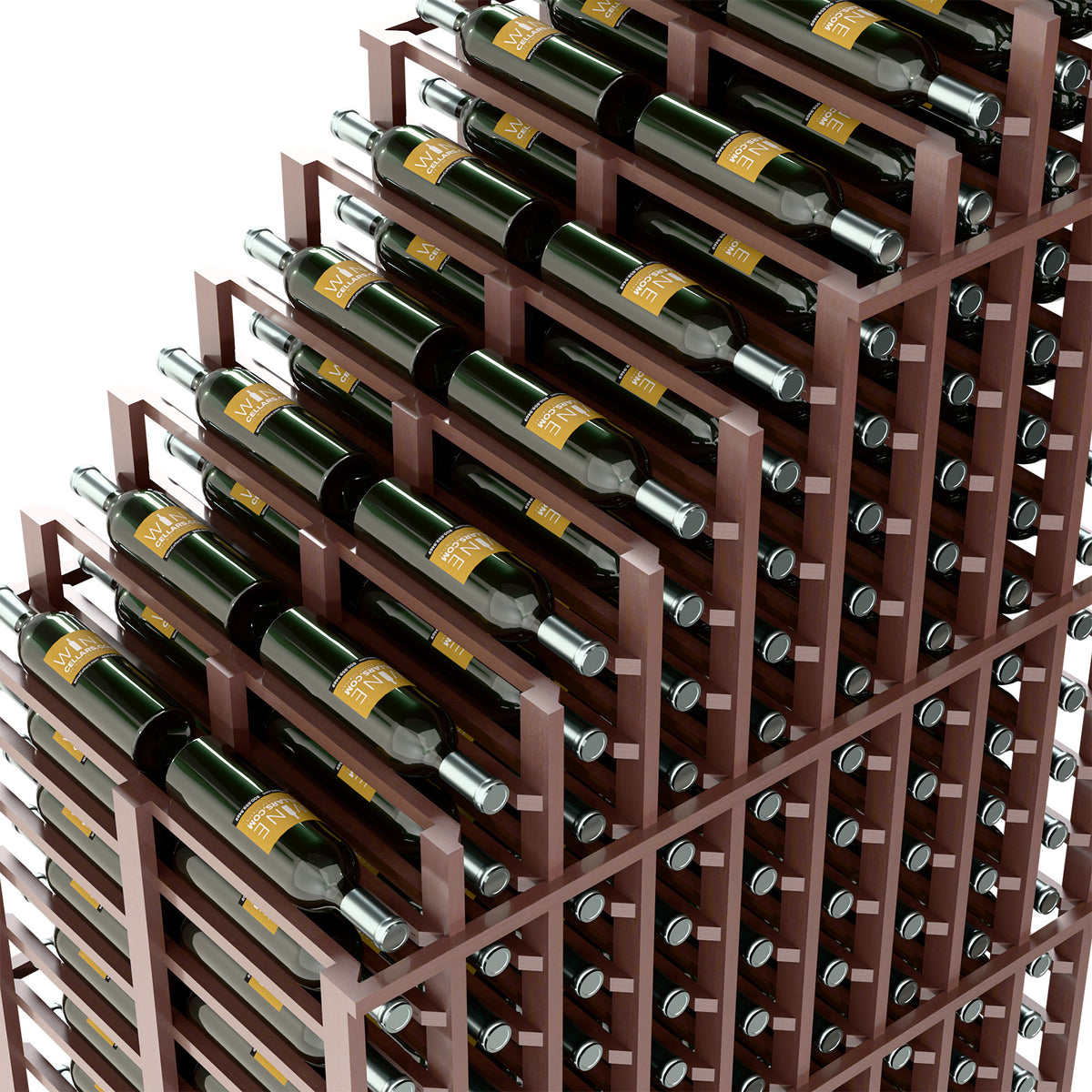 Double deep wine rack close-up, dark wood frame with circular bottle openings and wine bottles.