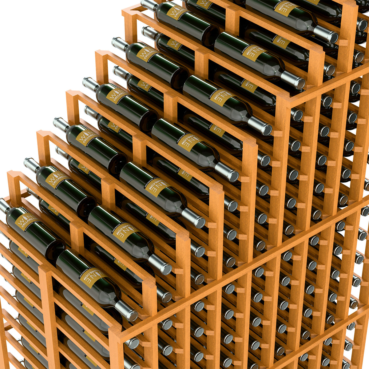 Double deep wine rack close-up, light wood frame with circular openings and wine bottles.