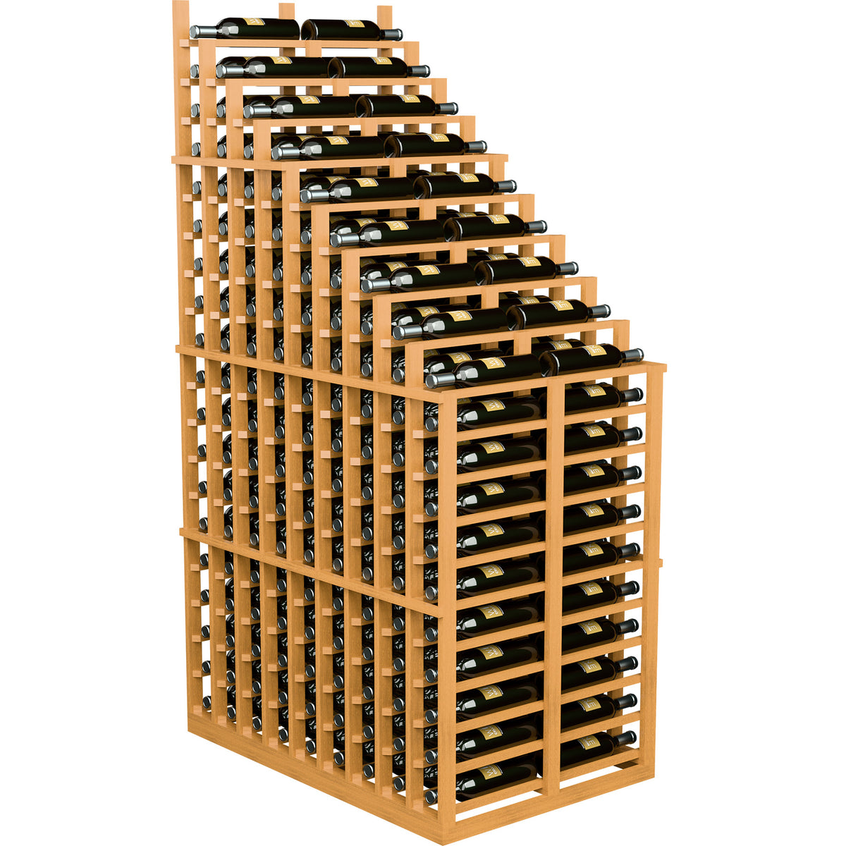 Double deep wine rack with cascading rows, light wood frame, front view with bottle storage.