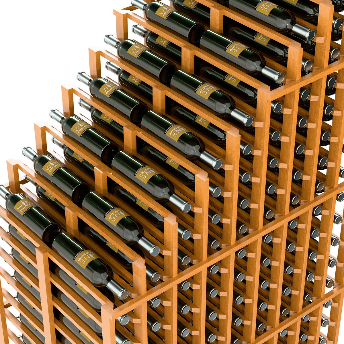 Double deep wine rack close-up, light wood frame with bottle slots and wine bottles.