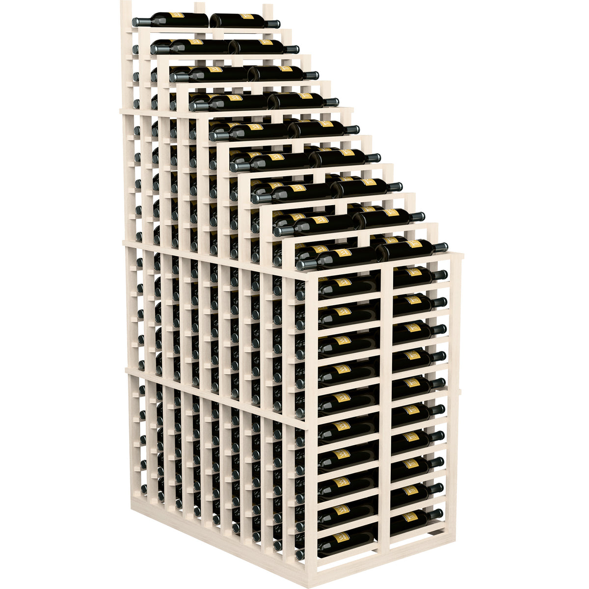Double deep wine rack with cascading rows, whitewashed frame, stores bottles in angled slots.
