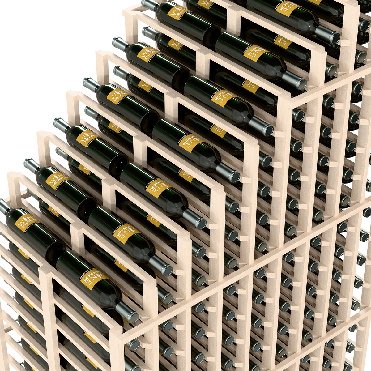 Double deep wine rack close-up, whitewashed frame with circular bottle openings and wine bottles.