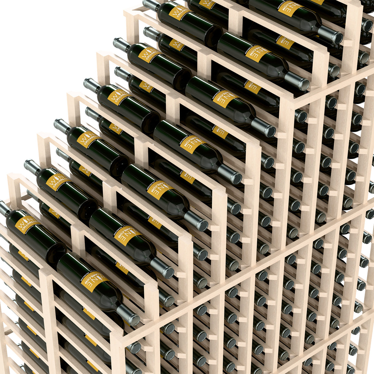 Double deep wine rack close-up, whitewashed frame with bottle slots and stacked wine bottles.
