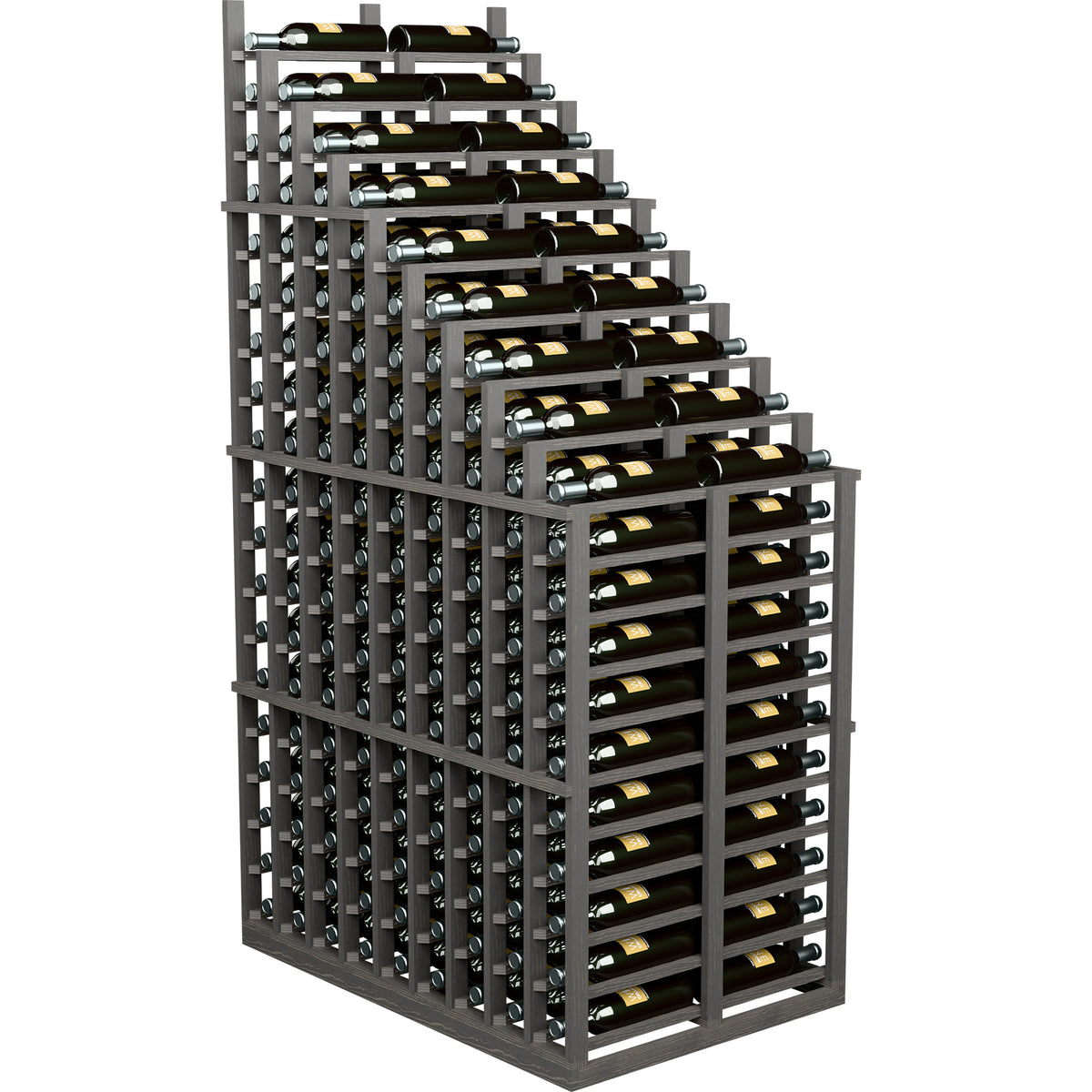 Double deep wine rack with cascading bottle tiers, dark frame and green bottles