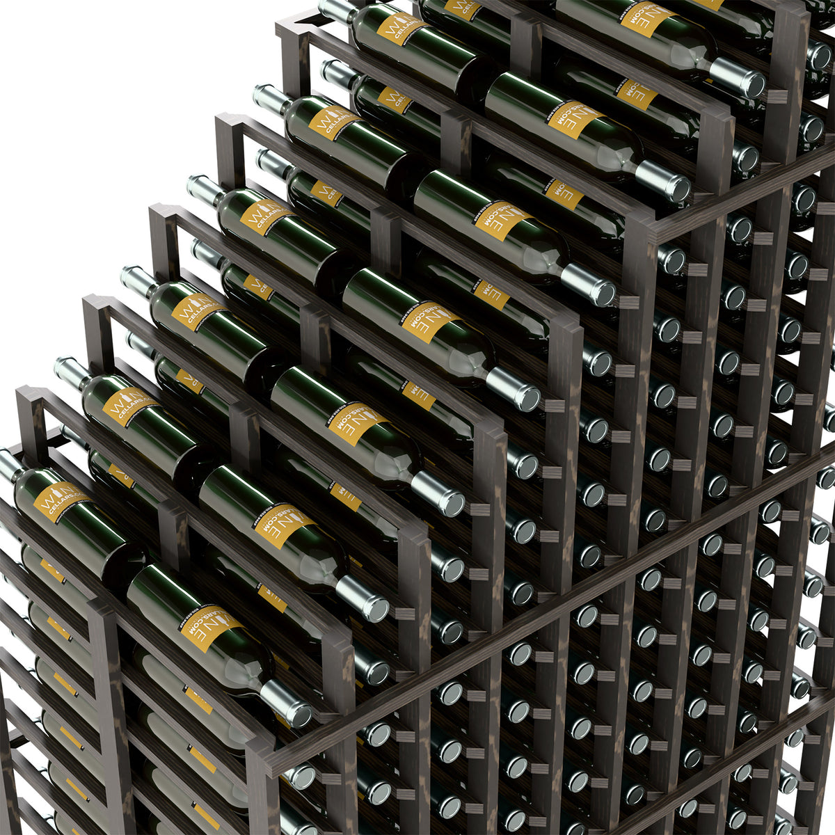 Double deep wine rack side view with cascading tiers and green wine bottles in slots