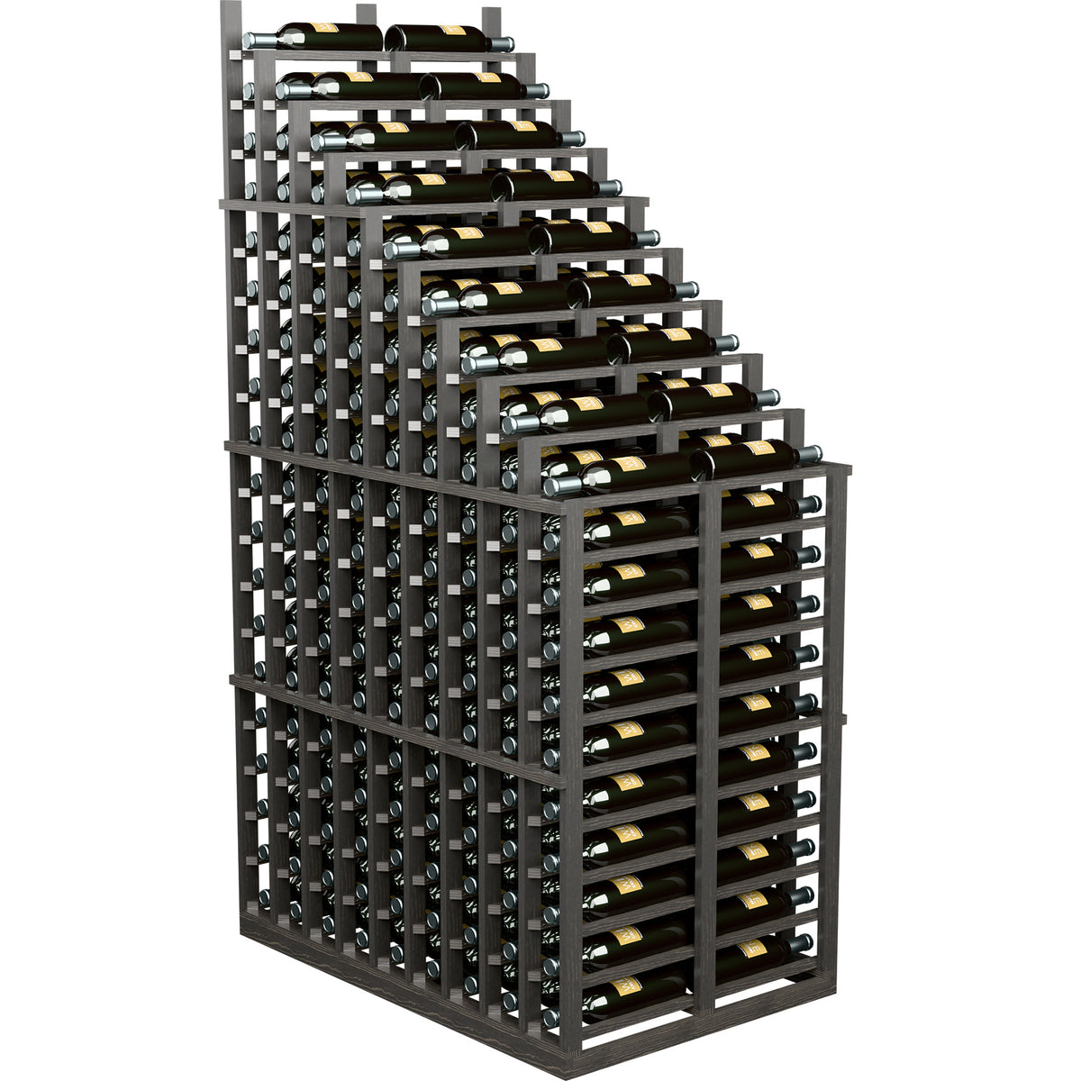 Double deep wine rack with cascading bottle tiers, dark frame holding green bottles