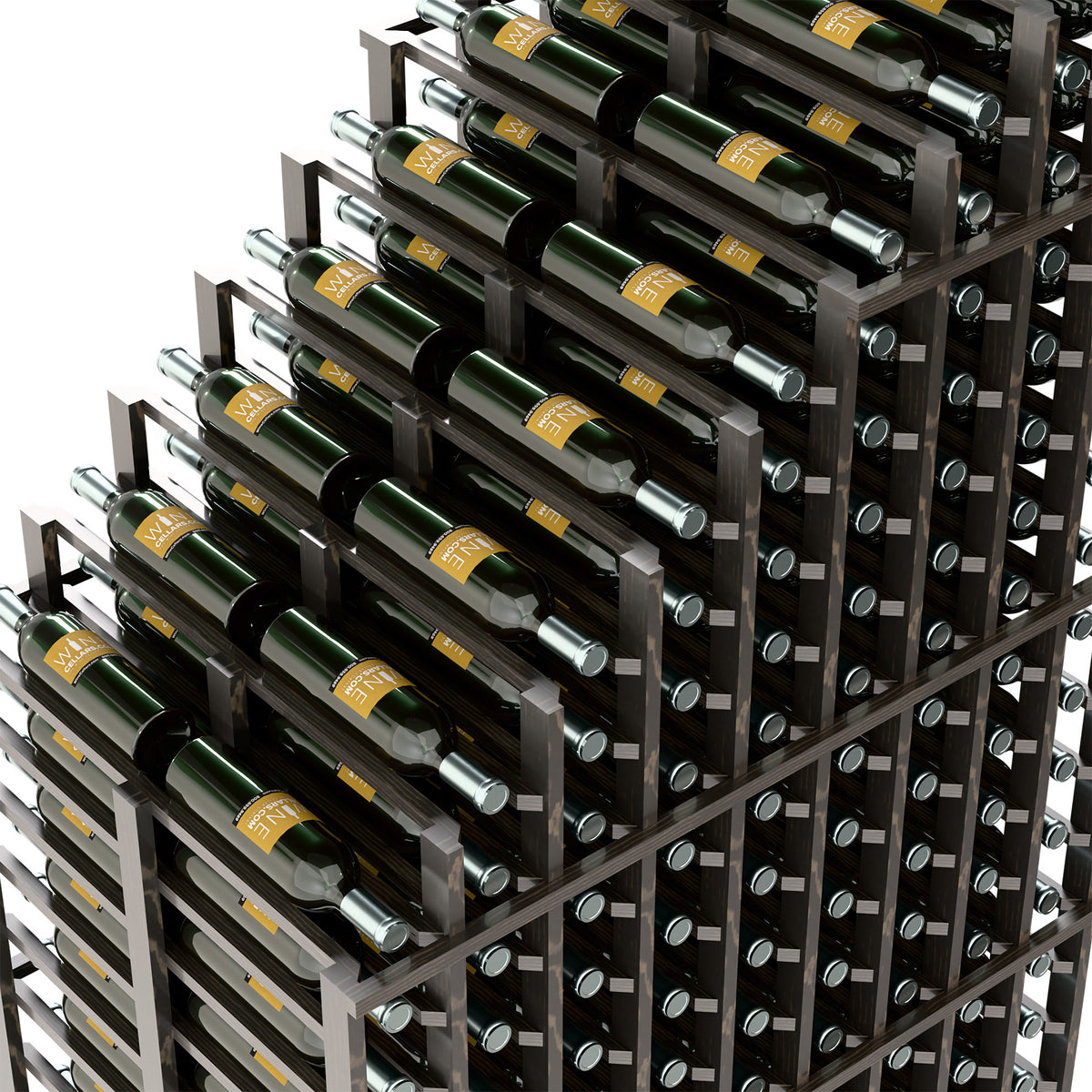 Double deep wine rack angled view showing rows of green wine bottles and metal caps