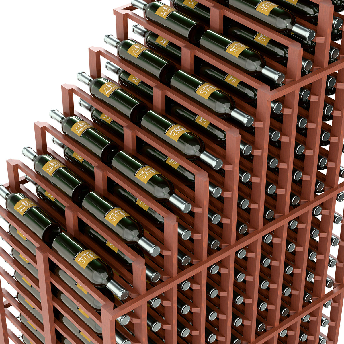 Double deep wine rack side view with cascading tiers, reddish wood and green bottles