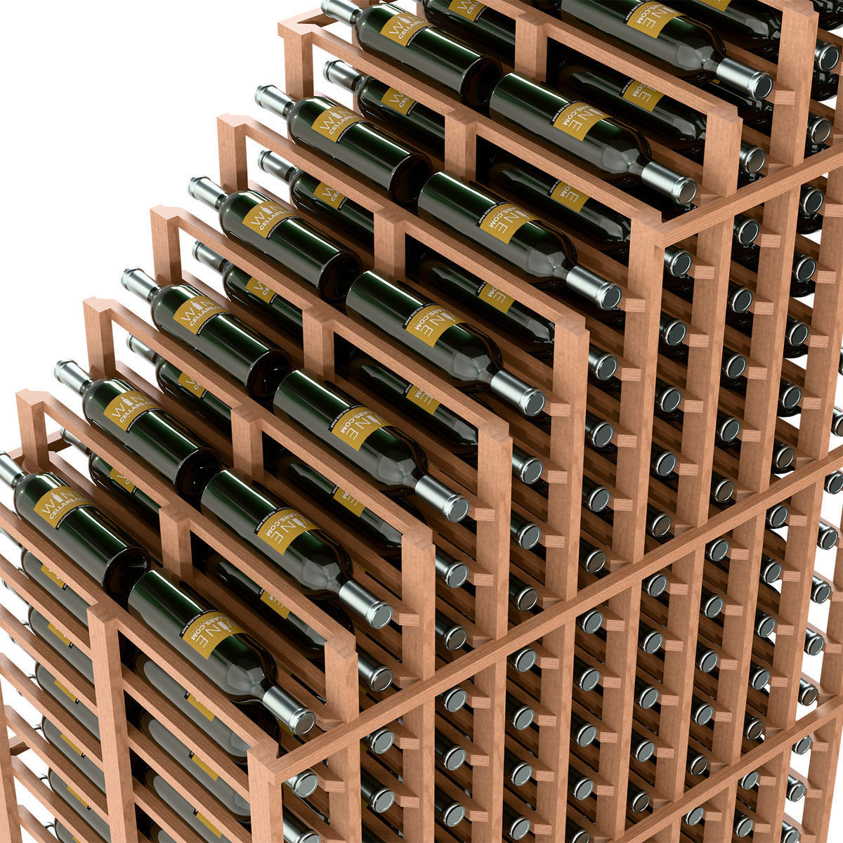 Double deep wine rack close-up angled view with reddish frame and green wine bottles
